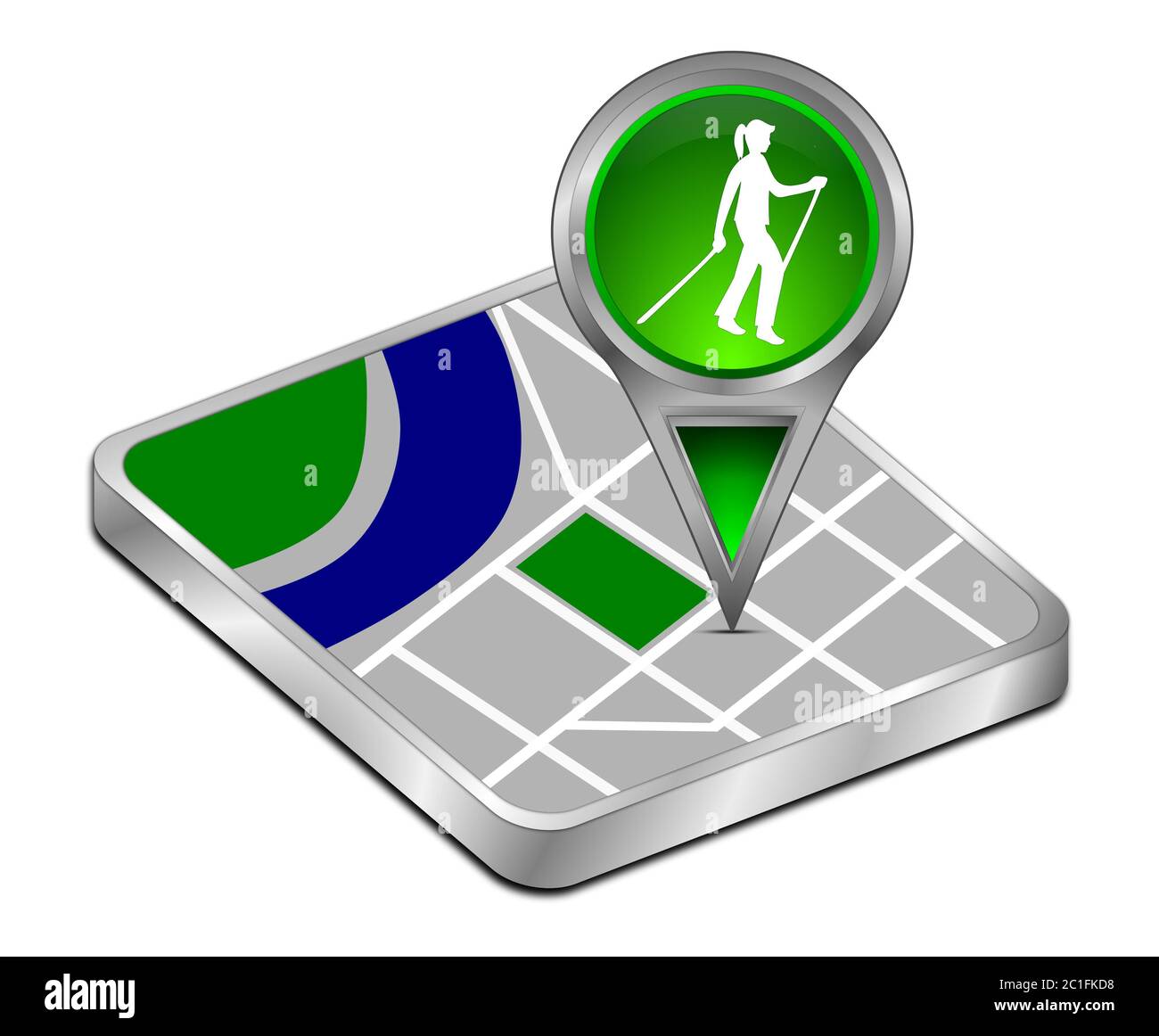 Puntatore mappa verde con Nordic Walking - illustrazione 3D Foto Stock