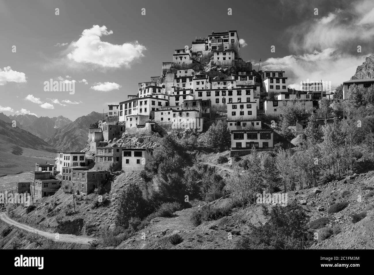 Antico monastero di Key fiancheggiato dall'Himalaya profondo nella valle del fiume, in una luminosa giornata estiva vicino a Kaza, Himachal Pradesh, India. Foto Stock