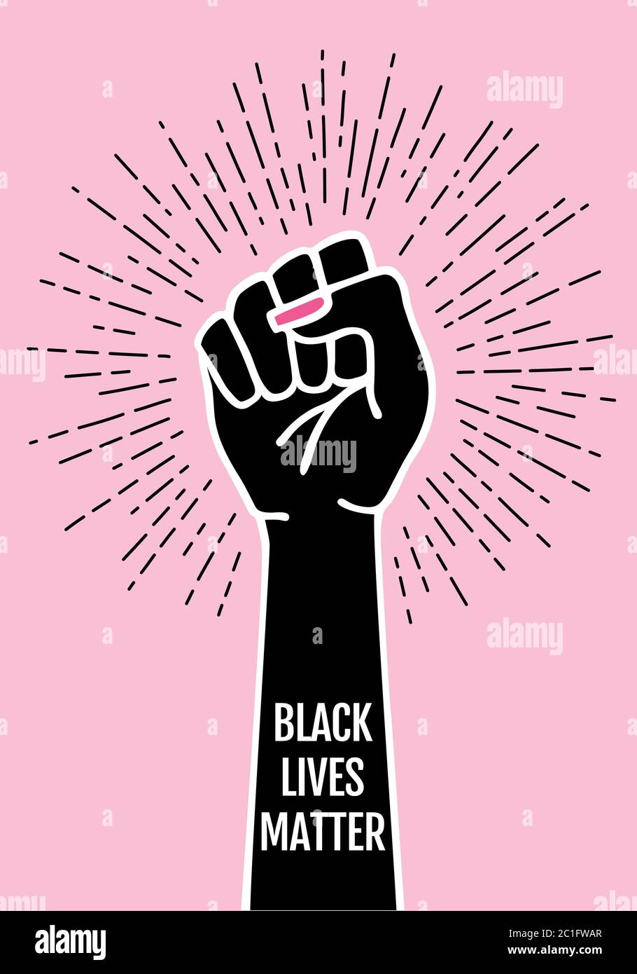 Black Lives materia, pugno, protesta contro il razzismo, mano femminile con scoppio, illustrazione vettoriale Illustrazione Vettoriale