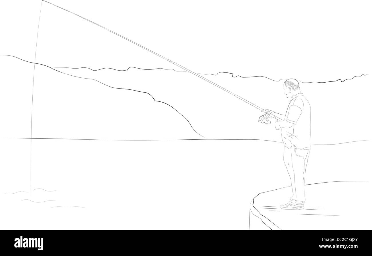 un uomo che pesca con canna da pesca sul lato del mare. illustrazione vettoriale. Illustrazione Vettoriale