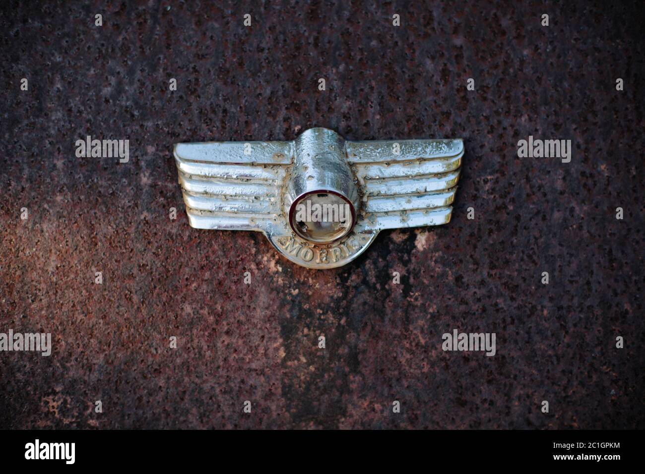 Un distintivo vintage Morris Car Maker su carrozzeria arrugginita Foto Stock