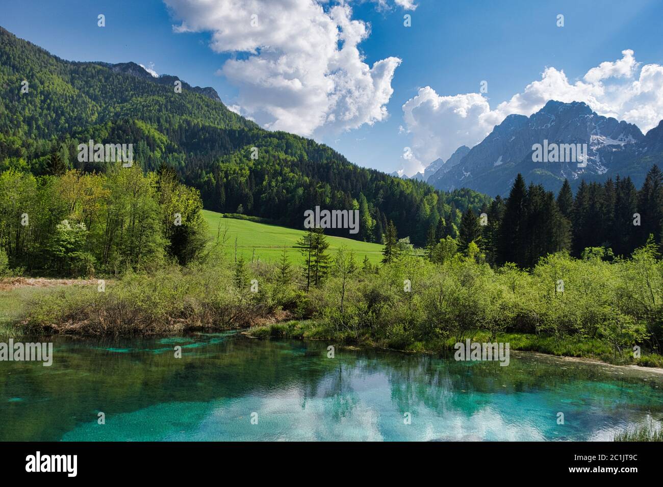 Il fiume Sava fonte in Slovenia. Il bel lago e dintorni, immagine orizzontale. Foto Stock