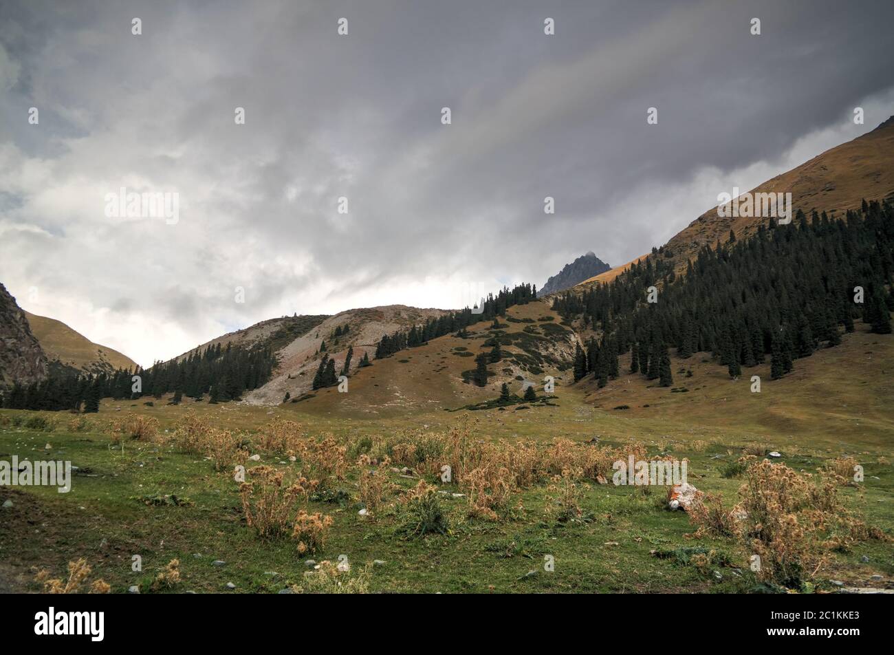 Vista panoramica sul passo Barskoon, fiume e gola e il passo Sarymoynak, Jeti-Oguz, Kirghizistan Foto Stock