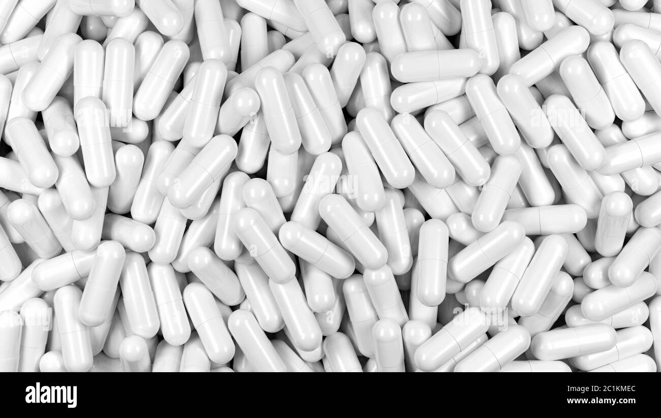 Pillole bianche. Oggetti multipli. Capsule di gelatina. illustrazione 3d. Foto Stock
