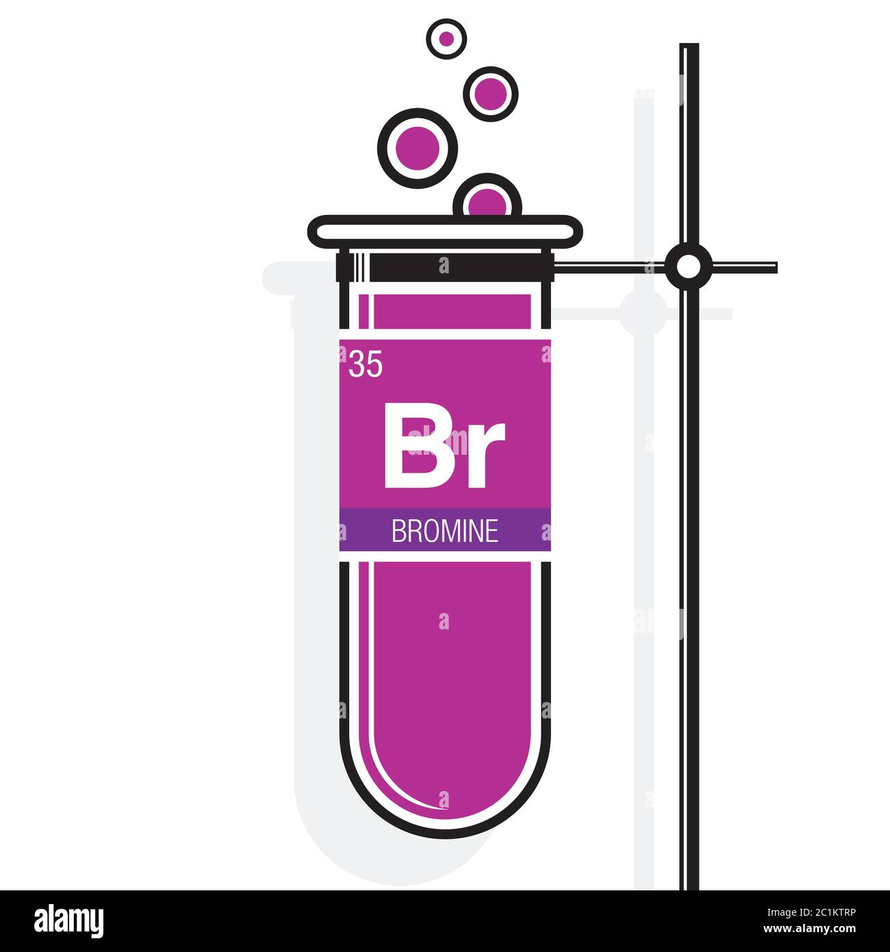 Simbolo di bromo sull'etichetta di una provetta magenta con supporto. Elemento numero 35 della Tavola periodica degli elementi - chimica Illustrazione Vettoriale