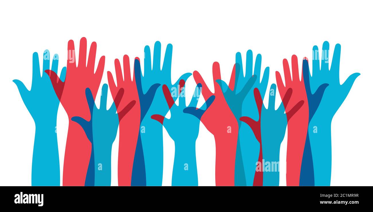 illustrazione delle attività di gruppo di interazione sociale alzando le mani come segno di esprimere opinioni in questioni politiche. Illustrazione Vettoriale