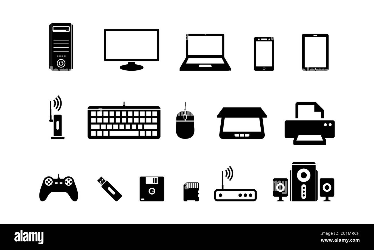 Illustrazione vettoriale dell'hardware del computer, ad esempio monitor, stampante, tastiera. Adatto per elementi grafici da computer per lavoro d'ufficio Illustrazione Vettoriale