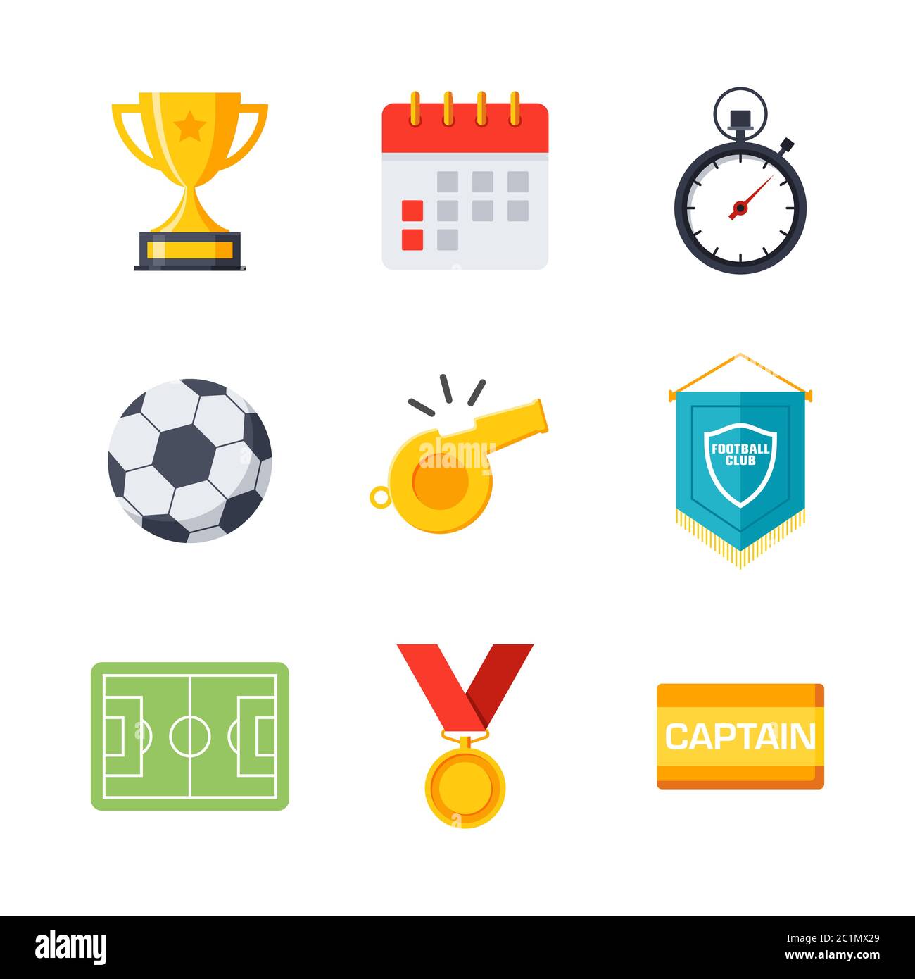 Semplice set di icone piatte di sport calcistici. Risorse grafiche icona insieme sulle partite di calcio. Illustrazione Vettoriale