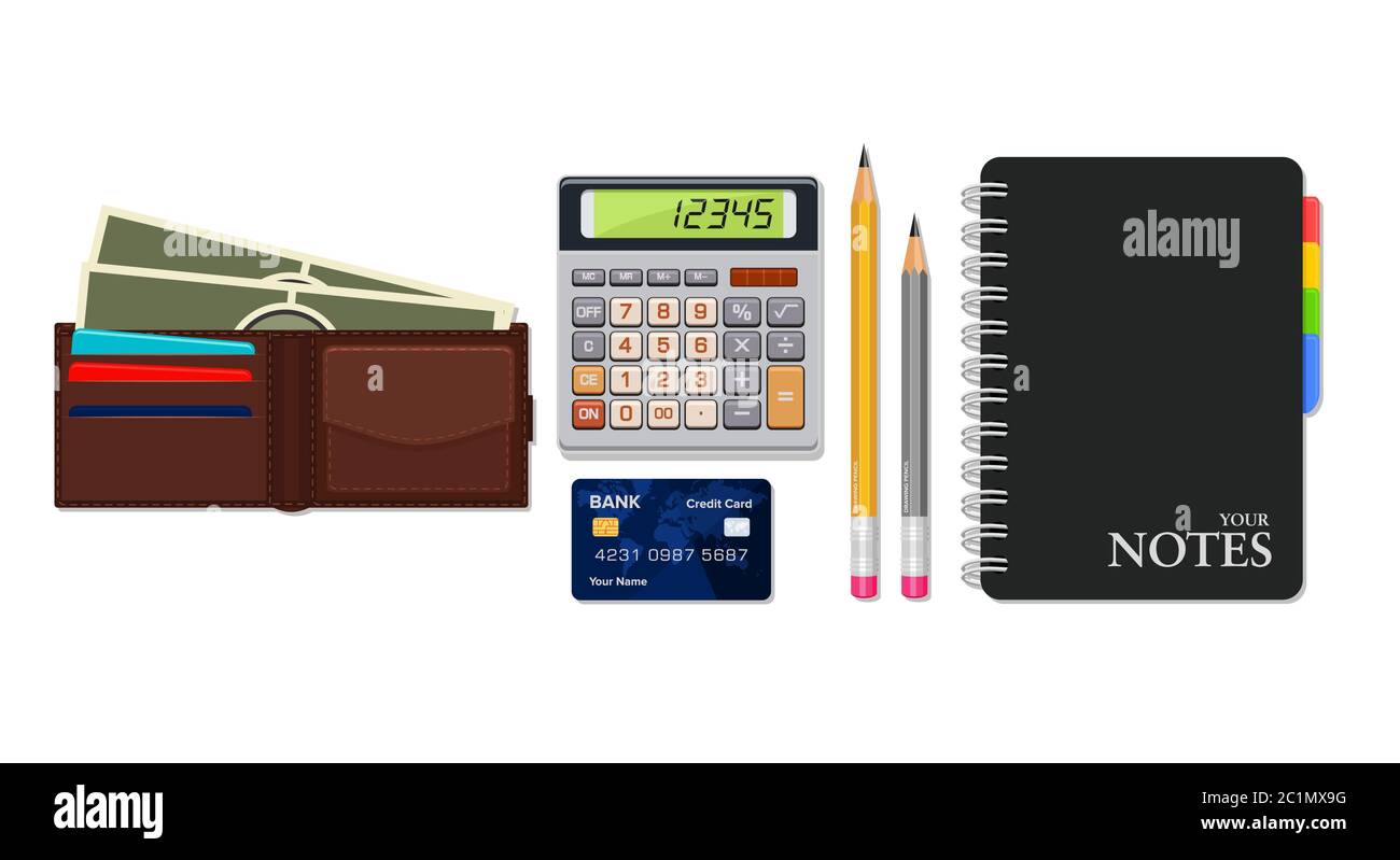 Illustrazione vettoriale di una calcolatrice, di un portafoglio, di una carta di credito e di un notebook. Adatto per elementi di progettazione di atti contabili finanziari, bancari ed economici Illustrazione Vettoriale