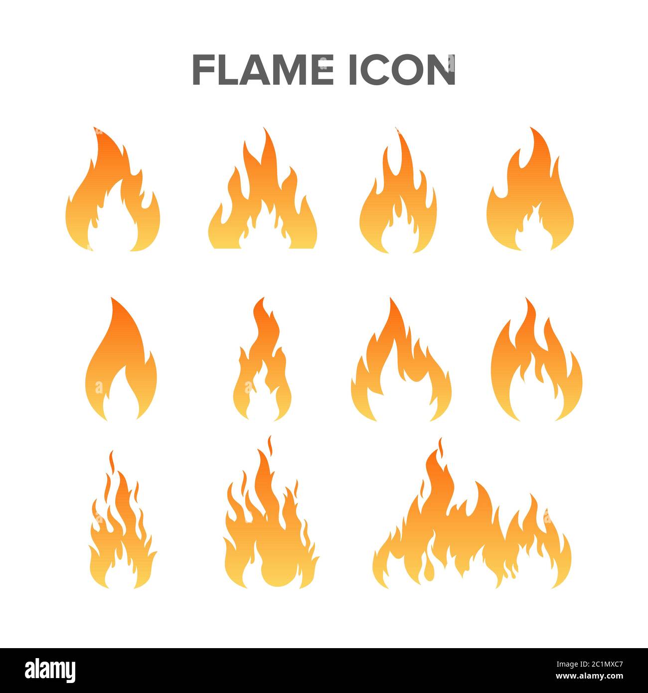 Varie forme di icone antincendio impostate. Simbolo di fiamma e fuoco dell'energia della natura. Risorse grafiche antincendio, a gas, energetiche e termiche. Illustrazione Vettoriale