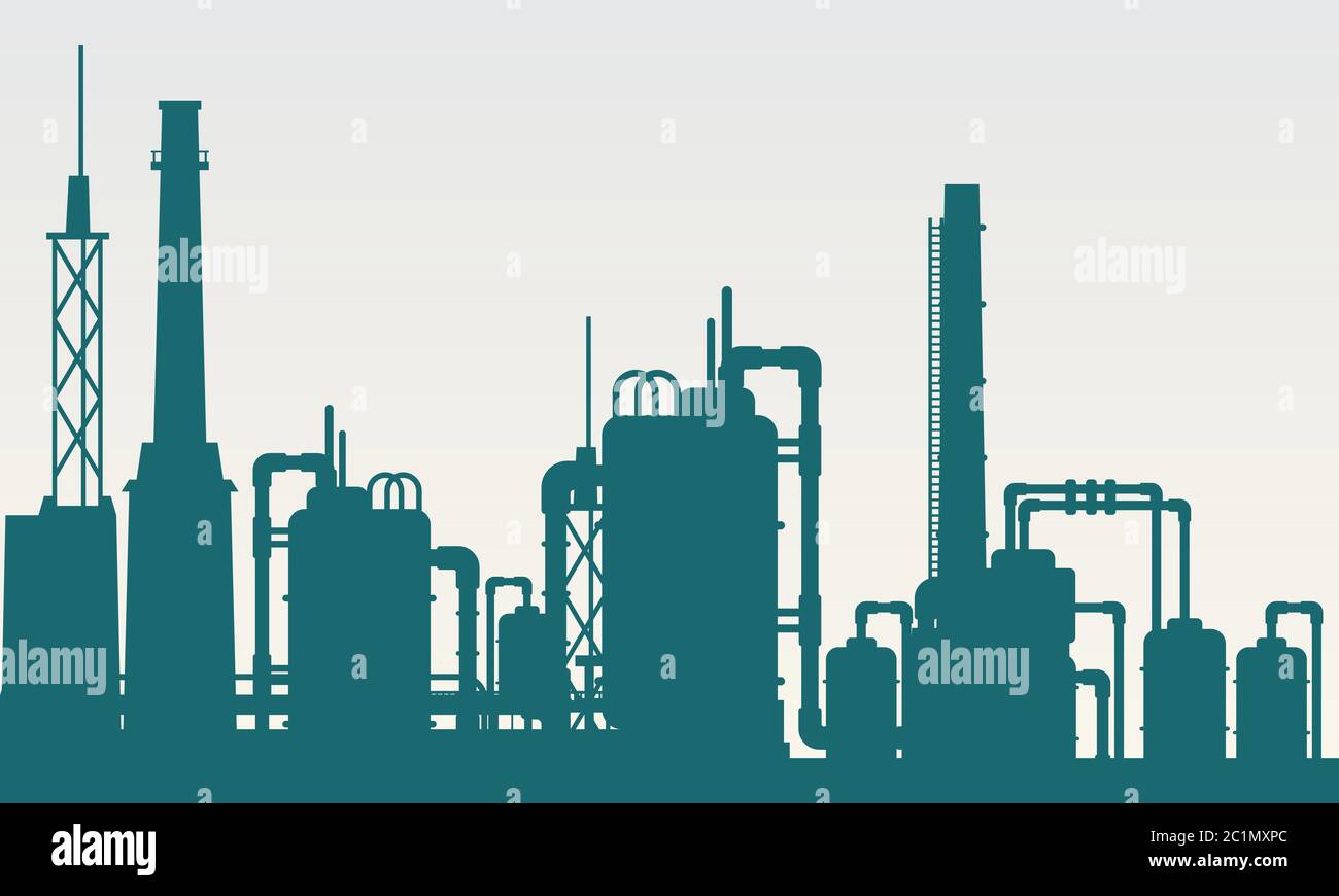 Silhouette di un edificio di fabbrica con torri, tubi e tubi di produzione per l'industria chimica Illustrazione Vettoriale