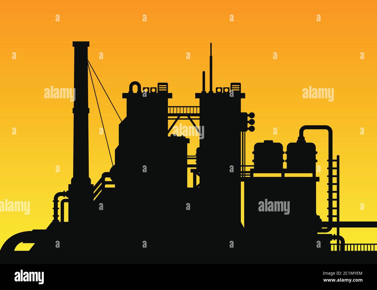 Silhouette di un edificio di fabbrica con torri, tubi e tubi di produzione per l'industria chimica Illustrazione Vettoriale