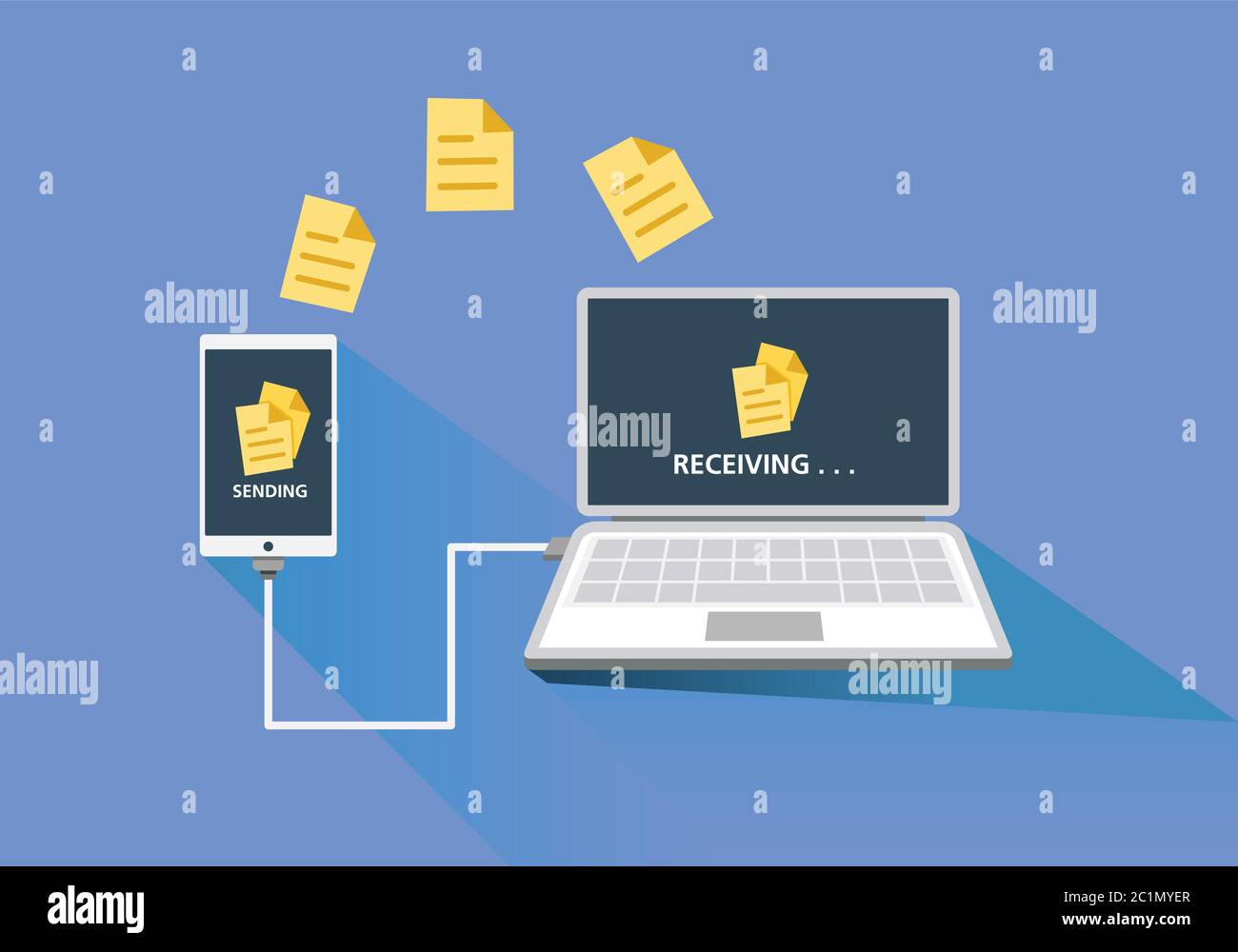 Immagine vettoriale piatta dell'invio di file da smartphone a dispositivi laptop per ufficio e per lavoro utilizzando cavi e fili. Illustrazione Vettoriale