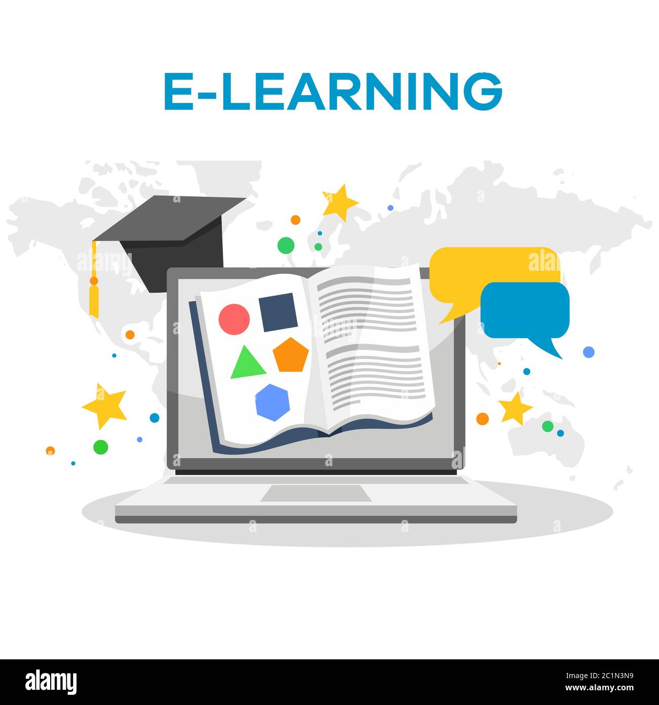 Illustrazione vettoriale dell'apprendimento online. Adatto per la promozione di servizi di e-Learning, insegnamento a distanza e formazione di sfondi web. Illustrazione Vettoriale