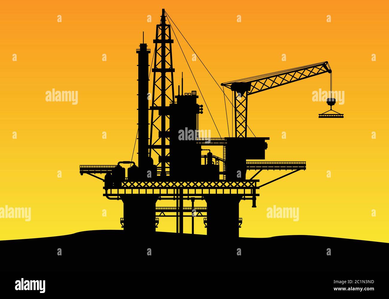 Figura di silhouette della costruzione di perforazioni offshore e estrazione di combustibile per l'energia. Produzione di macchinari pesanti per l'estrazione di olio. Illustrazione Vettoriale