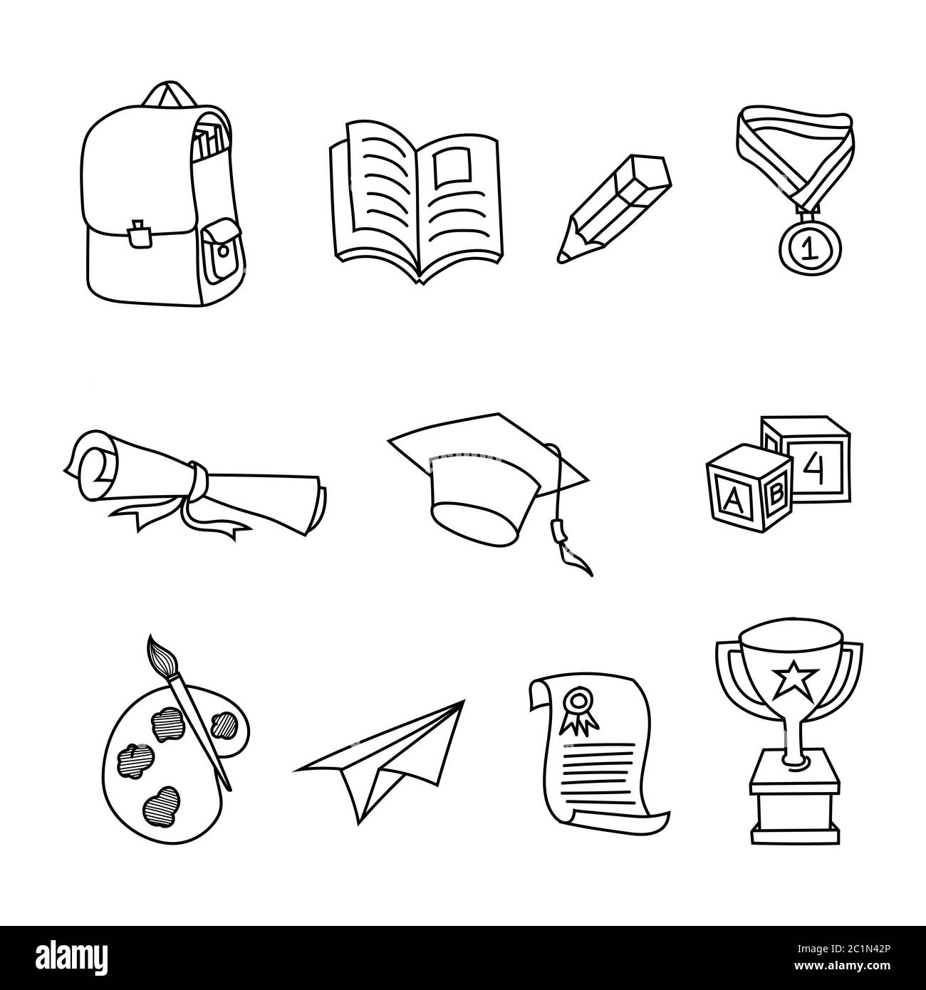 Icone di disegno a mano impostate da istruzione come borse, libri, matite e trofei premio. Istruzione e attrezzature scolastiche per studenti. Illustrazione Vettoriale