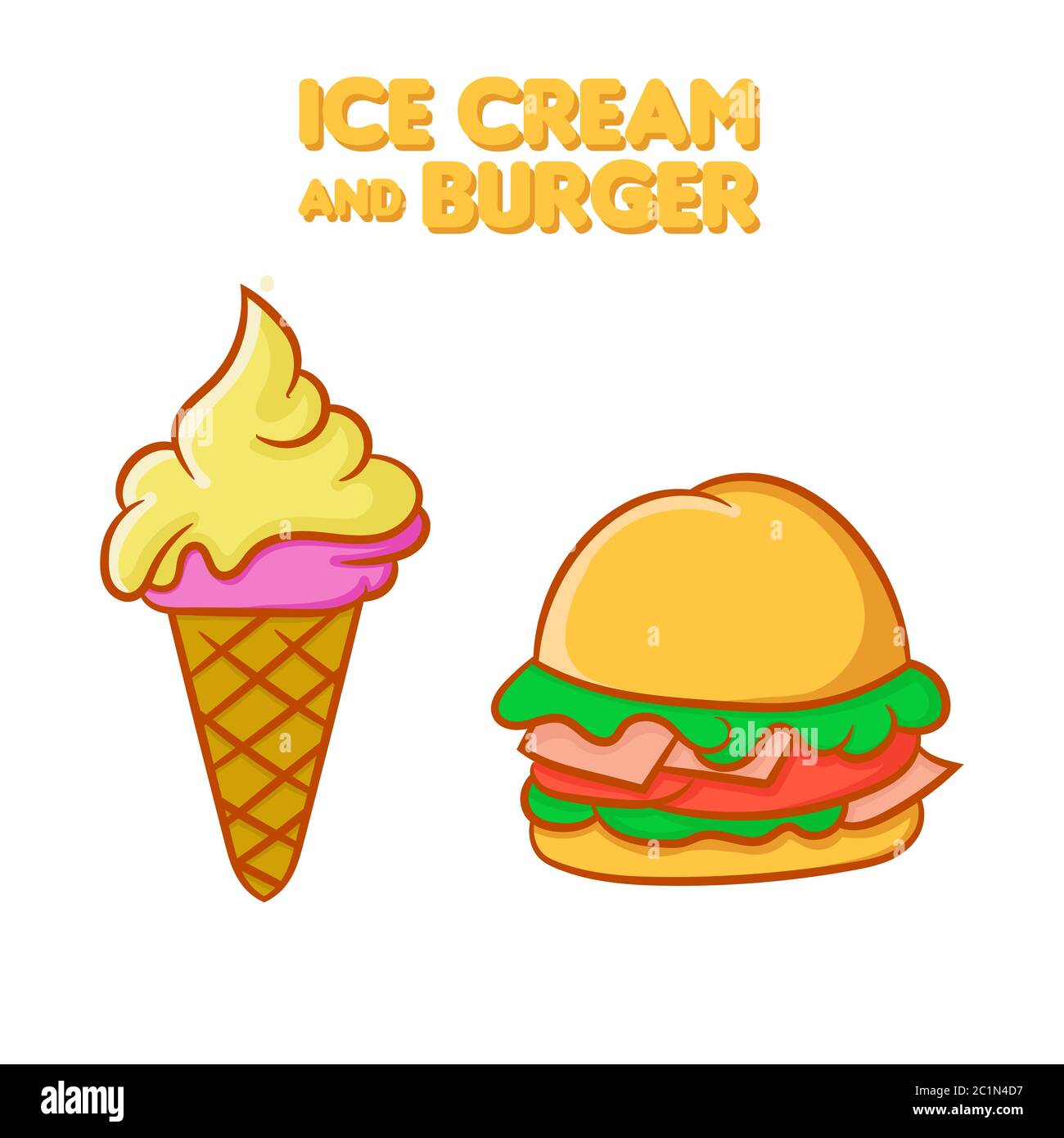 Illustrazione vettoriale di un delizioso gelato e hamburger. Fast food in cartoon disegnati a mano con colori brillanti risorse grafiche Illustrazione Vettoriale
