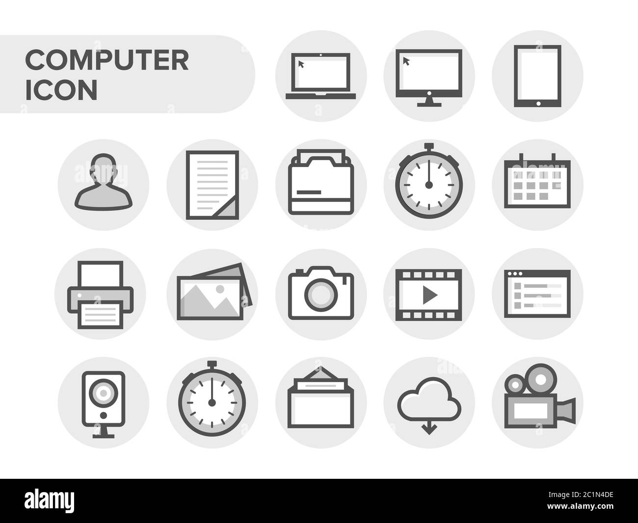 Set di icone per computer semplice e minimalista. Icona di notifica della tecnologia dei dispositivi informatici. La tecnologia professionale firma l'elemento grafico su sfondo arrotondato. Illustrazione Vettoriale