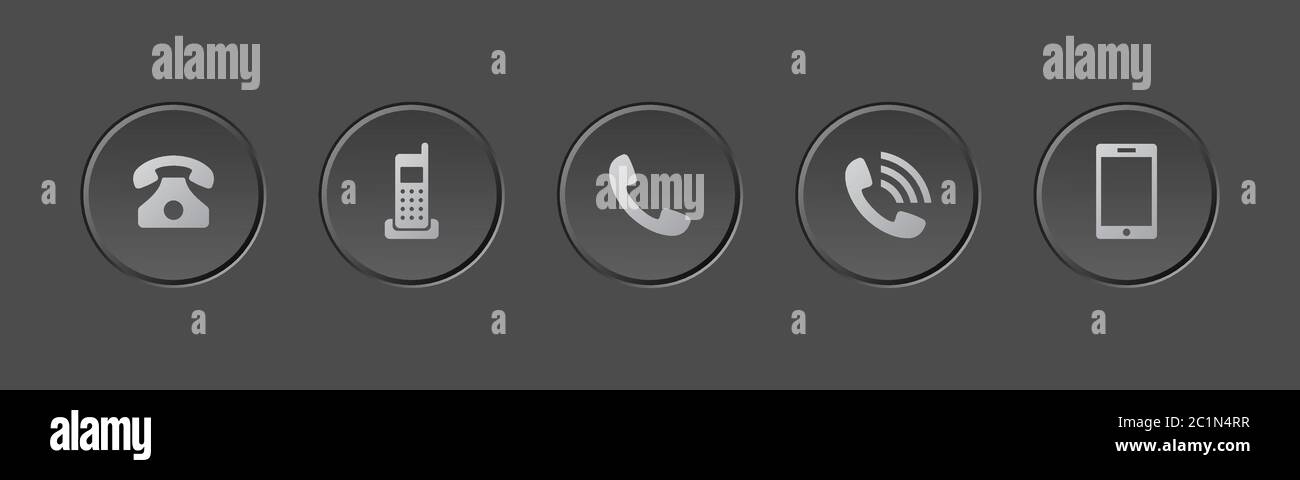 Icona di base del set di pulsanti del dispositivo con tecnologia di comunicazione. Pulsante telefonico moderno in rilievo. Elemento grafico del telefono in tema scuro. Illustrazione Vettoriale