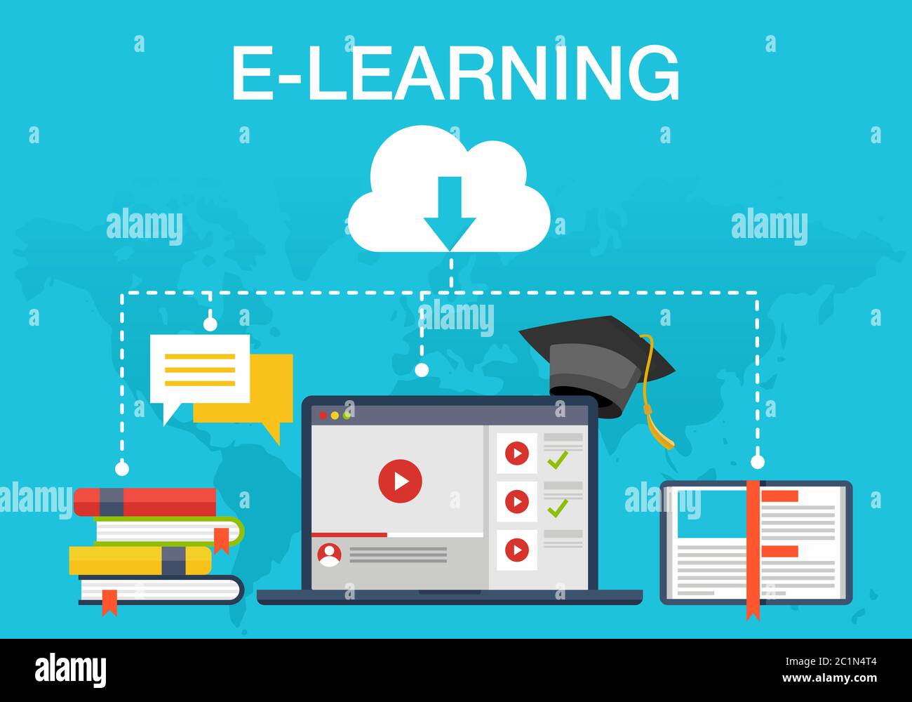 Illustrazione vettoriale dell'apprendimento online. Adatto per la promozione di servizi di e-Learning, insegnamento a distanza e formazione di sfondi web. Illustrazione Vettoriale