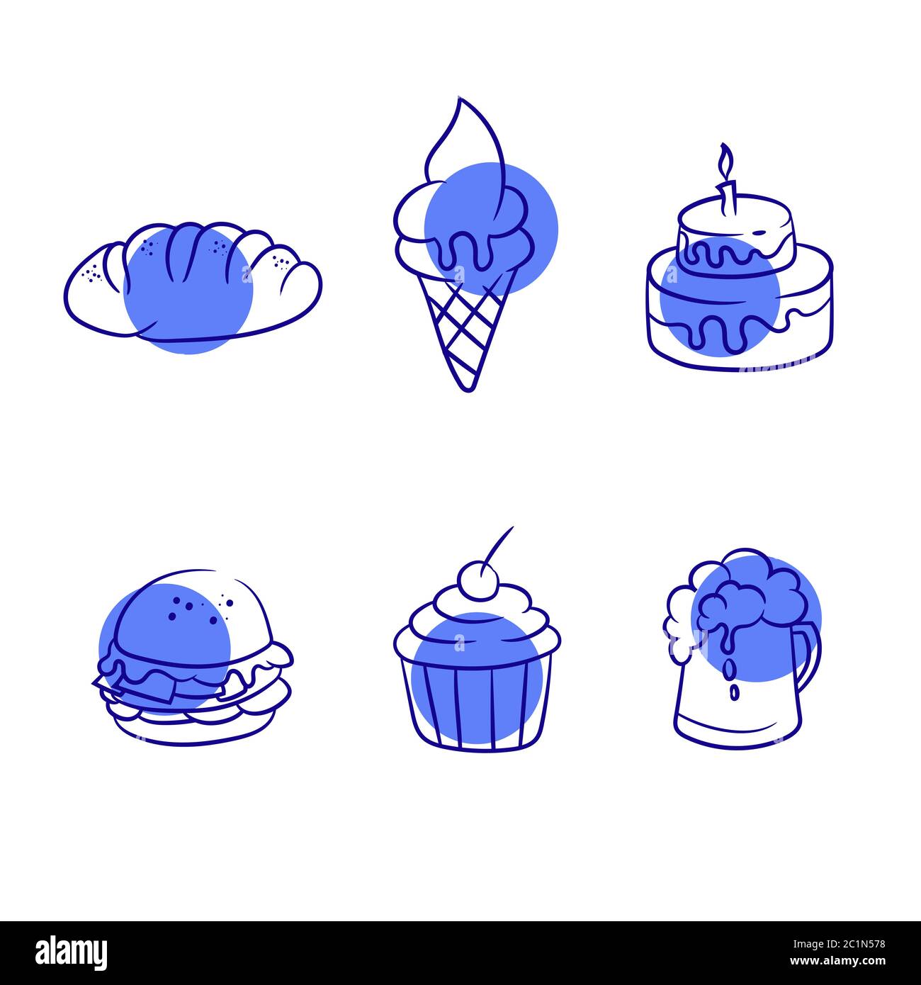 Icona di disegno a mano di cibo e bevande come gelato, cupcake e hamburger. Semplice icona di linea alimentare con uno sfondo solido. Set di icone per spuntini e bevande analcoliche Illustrazione Vettoriale