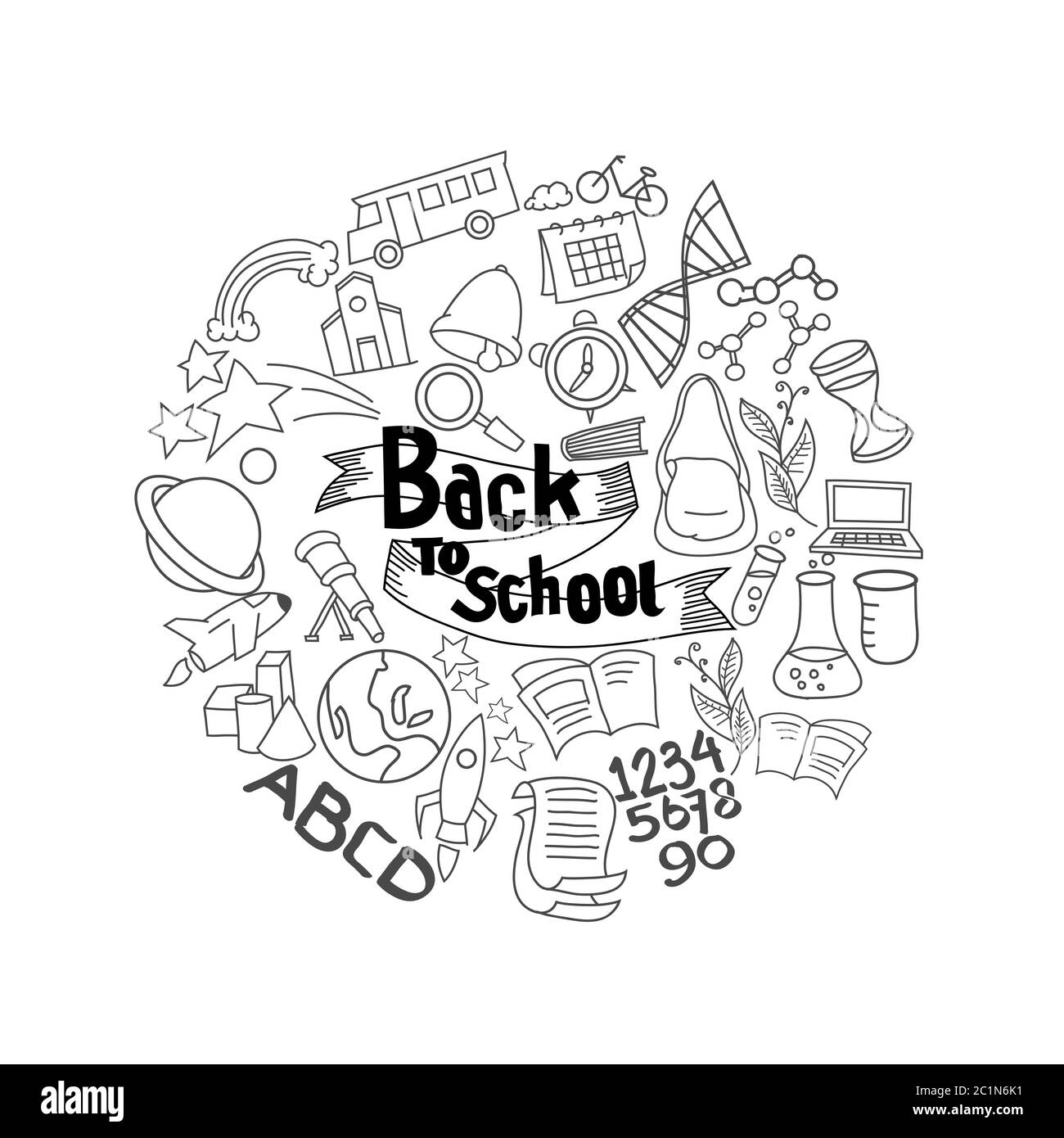 illustrazione vettoriale delle attività di ritorno a scuola adatte a temi educativi. Illustrazione disegnata a mano del set di icone educative Illustrazione Vettoriale