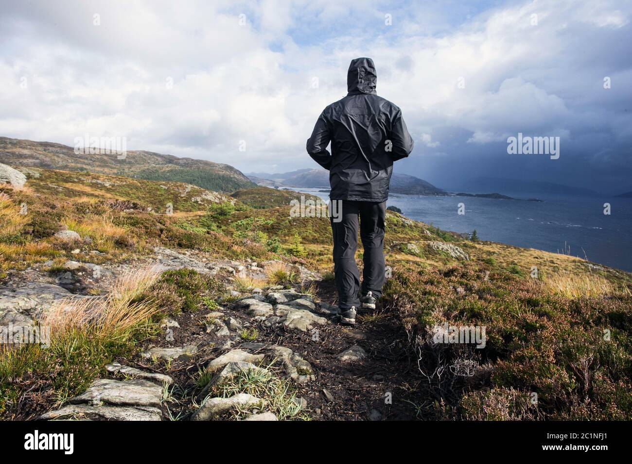 Escursionista passeggiate in montagna in un giorno di pioggia, obiettivo successo e la libertà. Travling Norvegia paesaggio Foto Stock