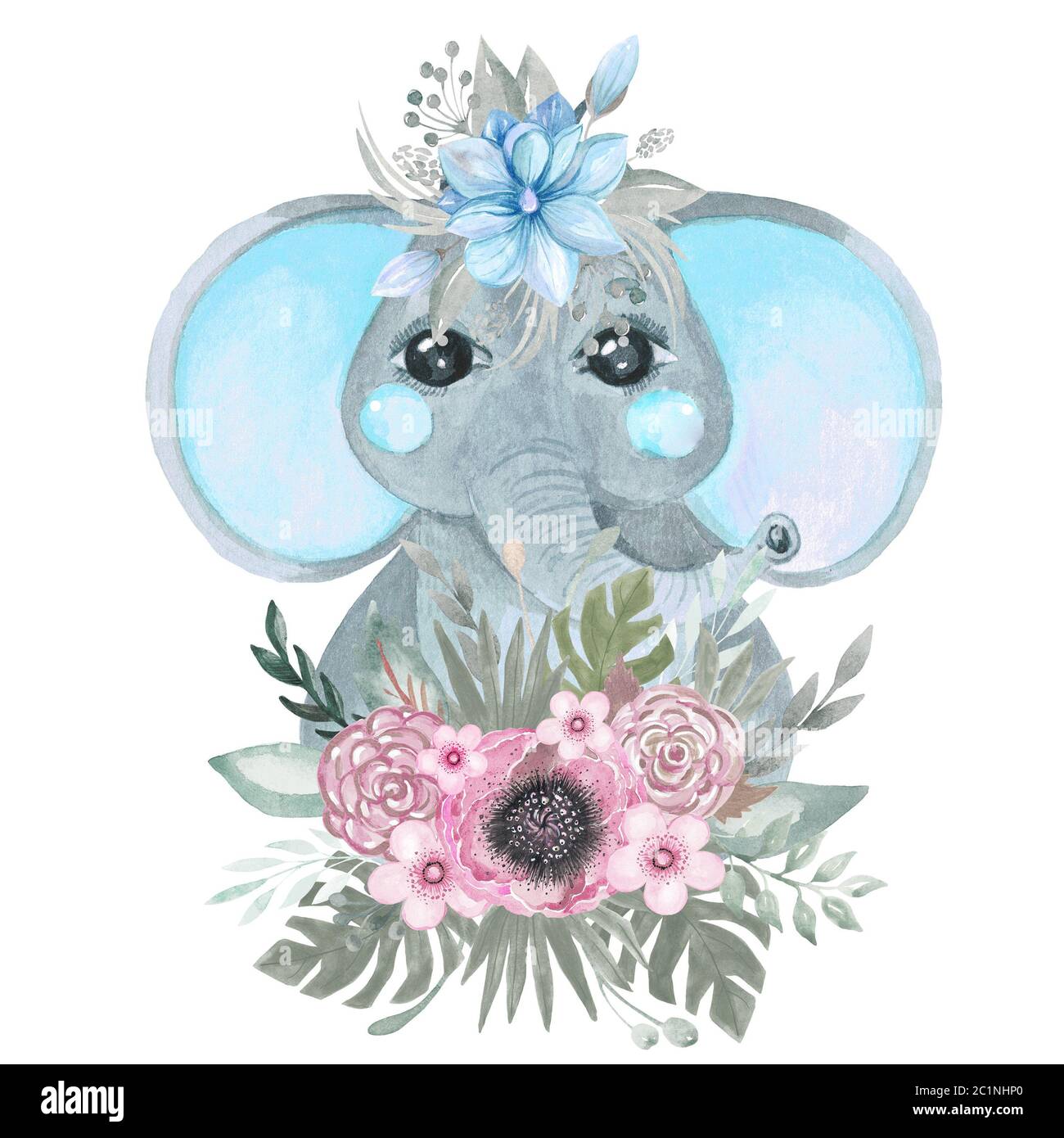 Simpatico elefante in una corona di fiori. Poster per camera per bambini, doccia per bambini, parete art. Allestimento botanico Foto Stock