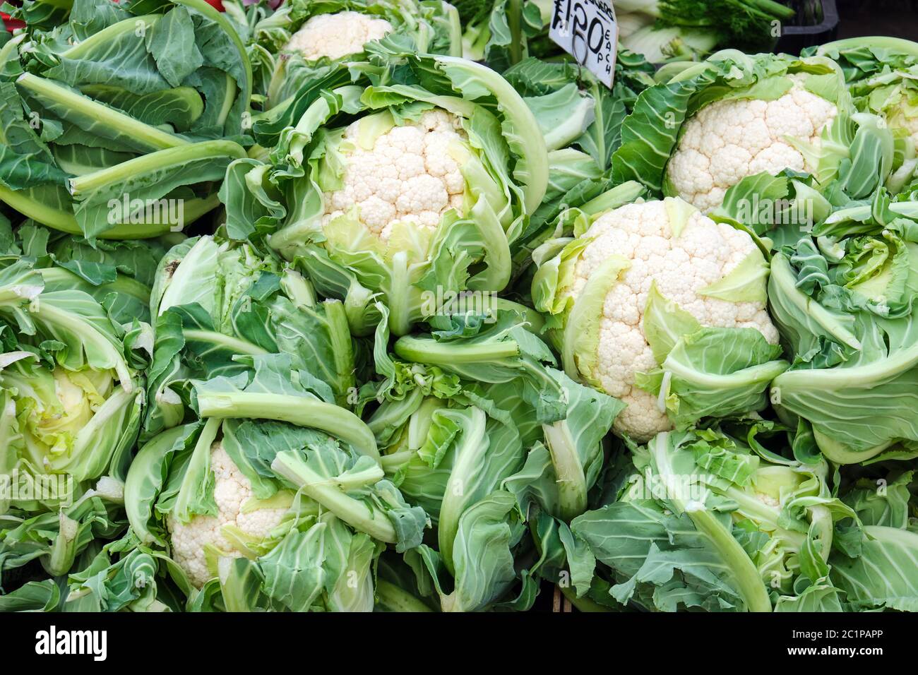 Il cavolfiore per la vendita su un mercato Foto Stock