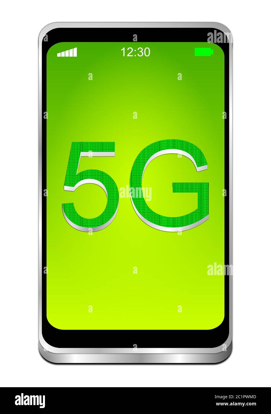 Smartphone con 5G verde su desktop verde - illustrazione 3D Foto Stock