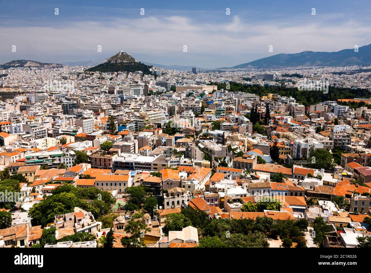 Paesaggio urbano e collina di Lycabettus, dall'Acropoli di Atene, Atene, Grecia, Europa Foto Stock