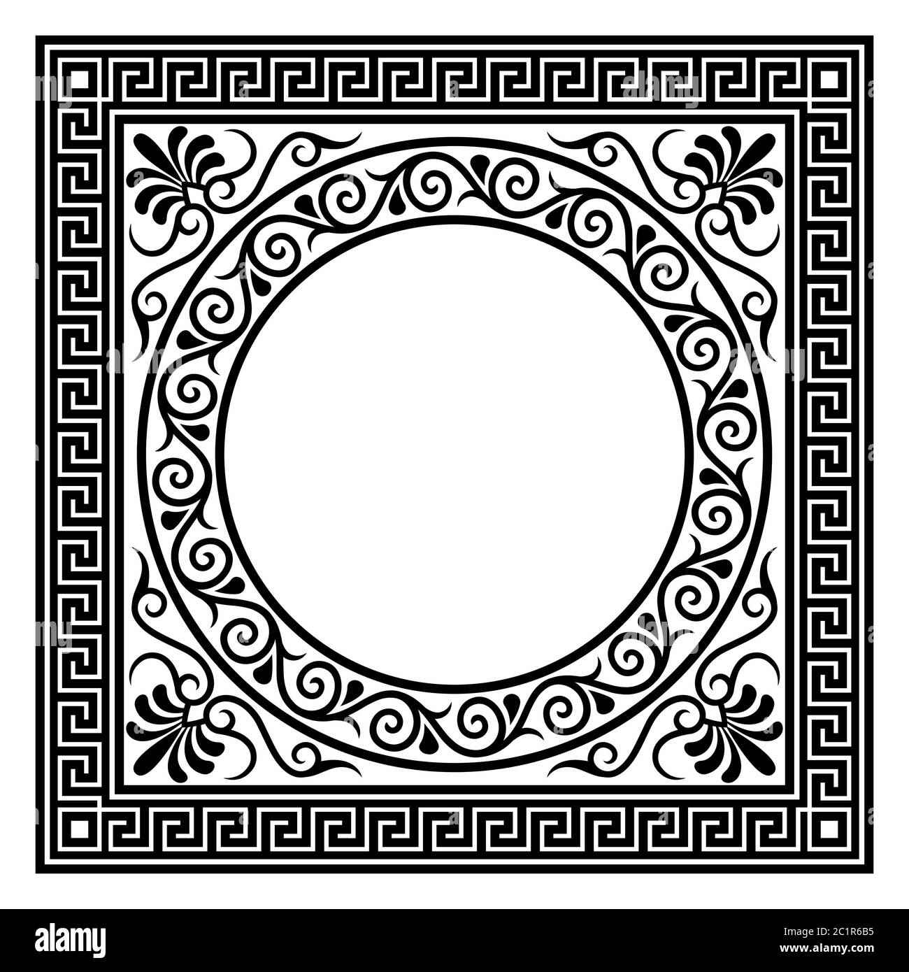 Antica cornice con meandro su sfondo bianco. Carta vettoriale vintage. Illustrazione Vettoriale