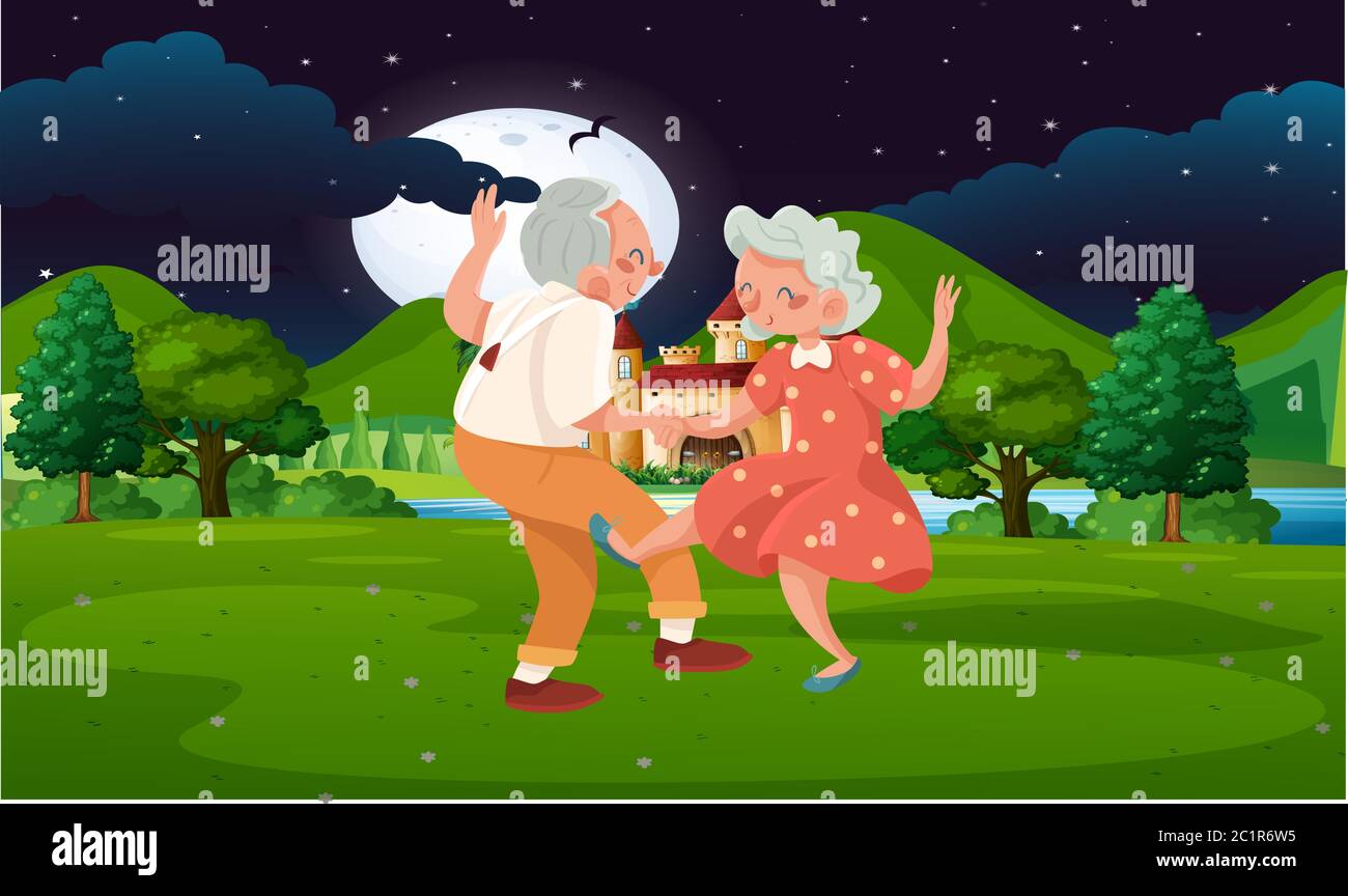 la sera, una coppia anziano balla nel parco Illustrazione Vettoriale