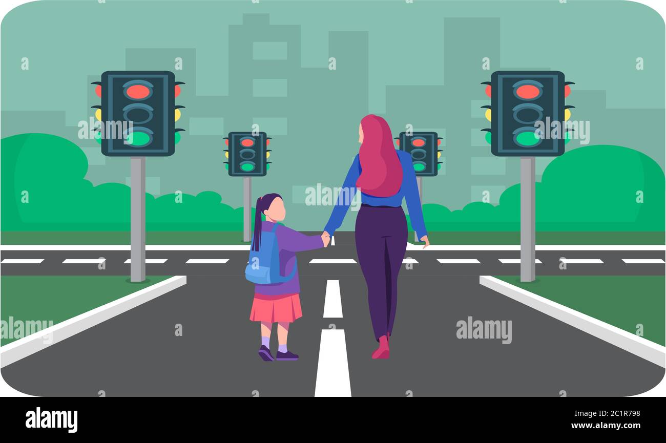 ragazza che cammina sulla strada con la madre Illustrazione Vettoriale