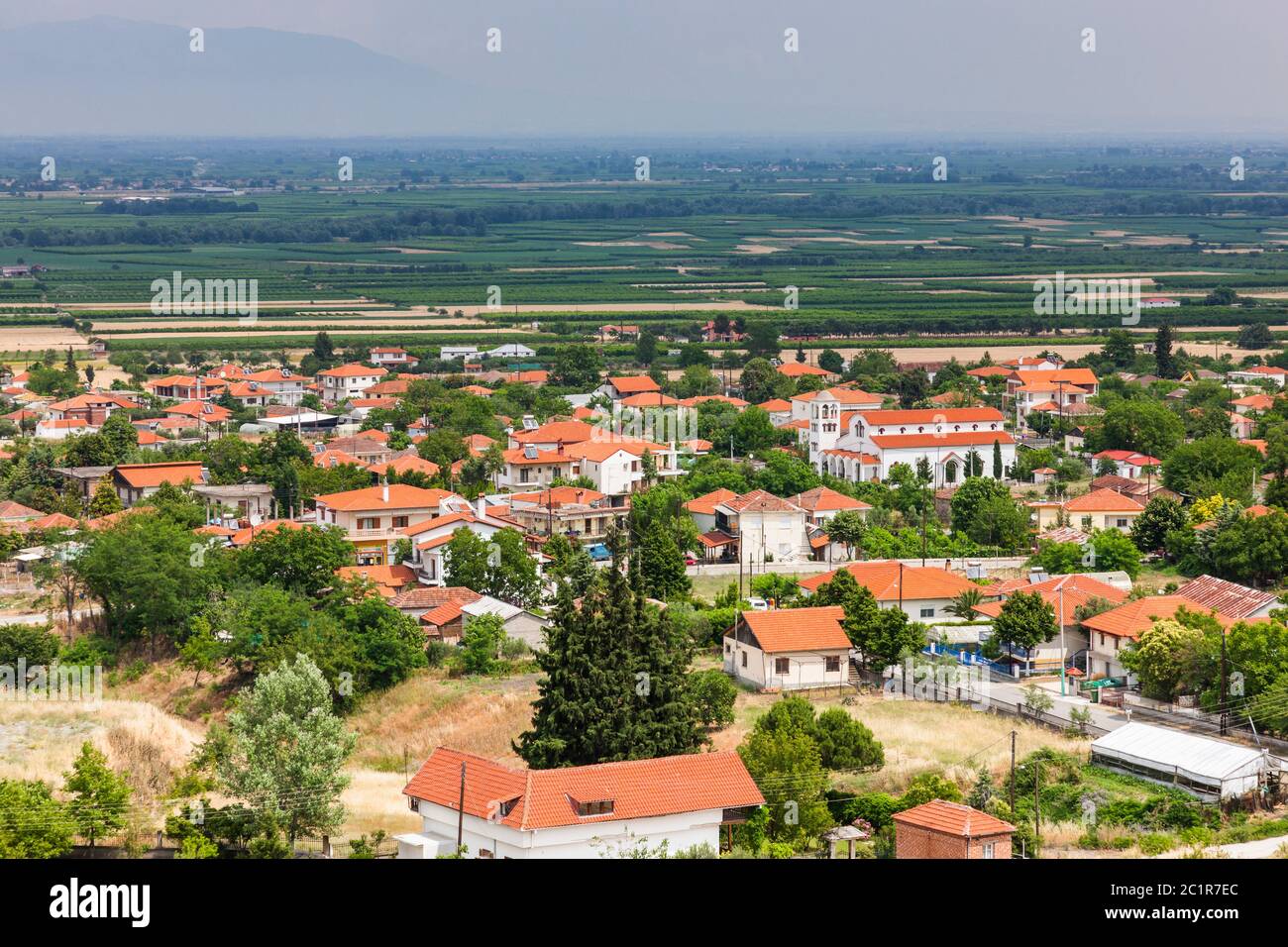 Paesaggio urbano di Vergina, e Macedonia pianure, sito archeologico di Aigai, Vergina, Macedonia centrale, Grecia, Europa Foto Stock