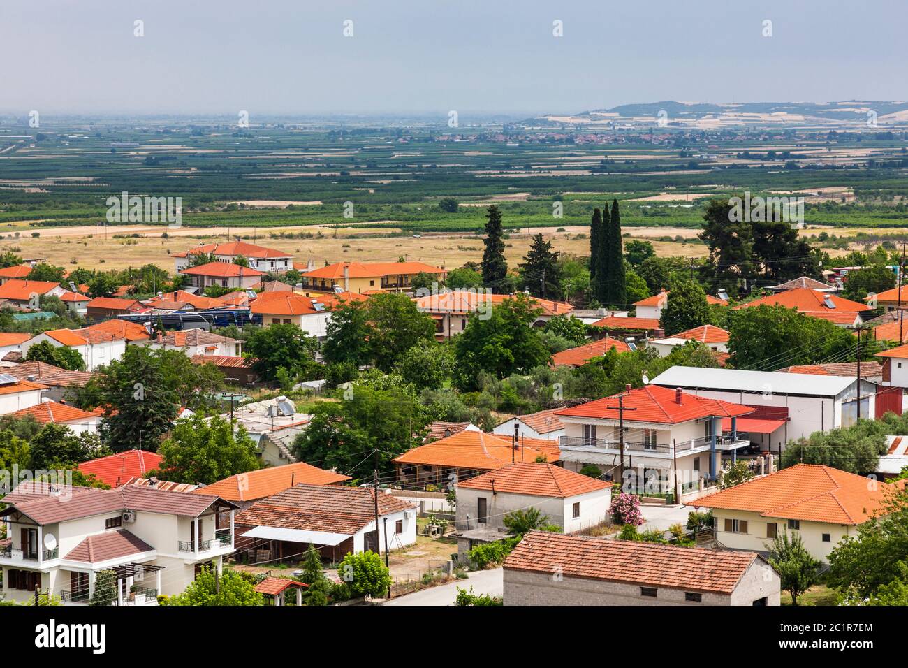 Paesaggio urbano di Vergina, e Macedonia pianure, sito archeologico di Aigai, Vergina, Macedonia centrale, Grecia, Europa Foto Stock