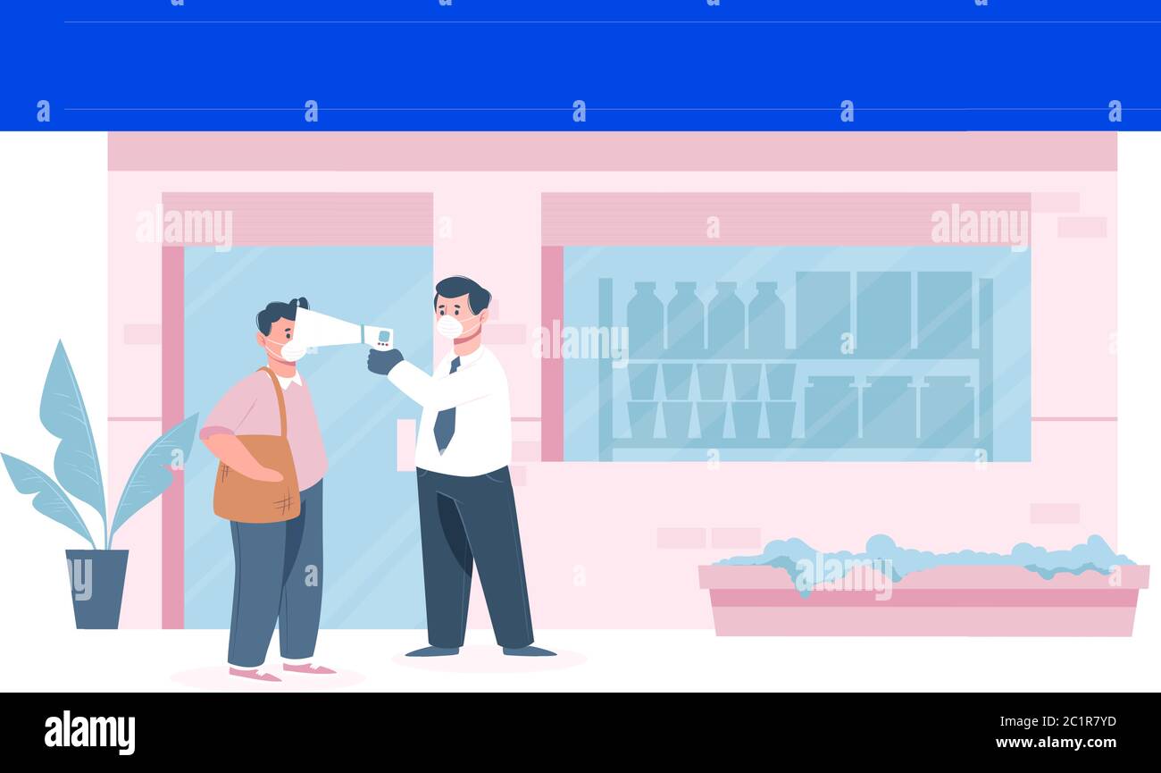 il negoziante effettua la diagnosi del cliente prima di entrare in negozio Illustrazione Vettoriale