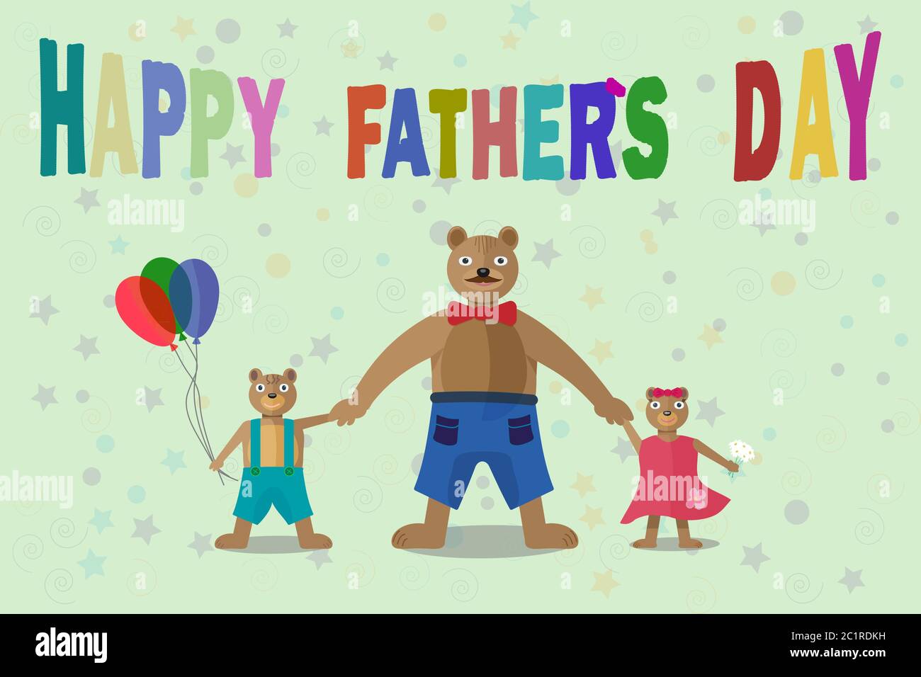orso papà cartoon con figlio che tiene palloncini e figlia con margherite che tiene le mani. iscrizione multicolore giorno felice del padre Illustrazione Vettoriale