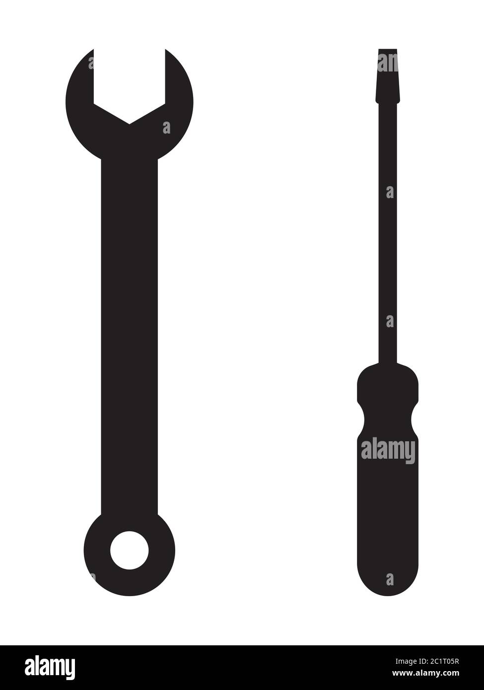 Attrezzi di lavoro per la manutenzione della chiave e del cacciavite. Illustrazione nera isolata su sfondo bianco. Vettore EPS Illustrazione Vettoriale