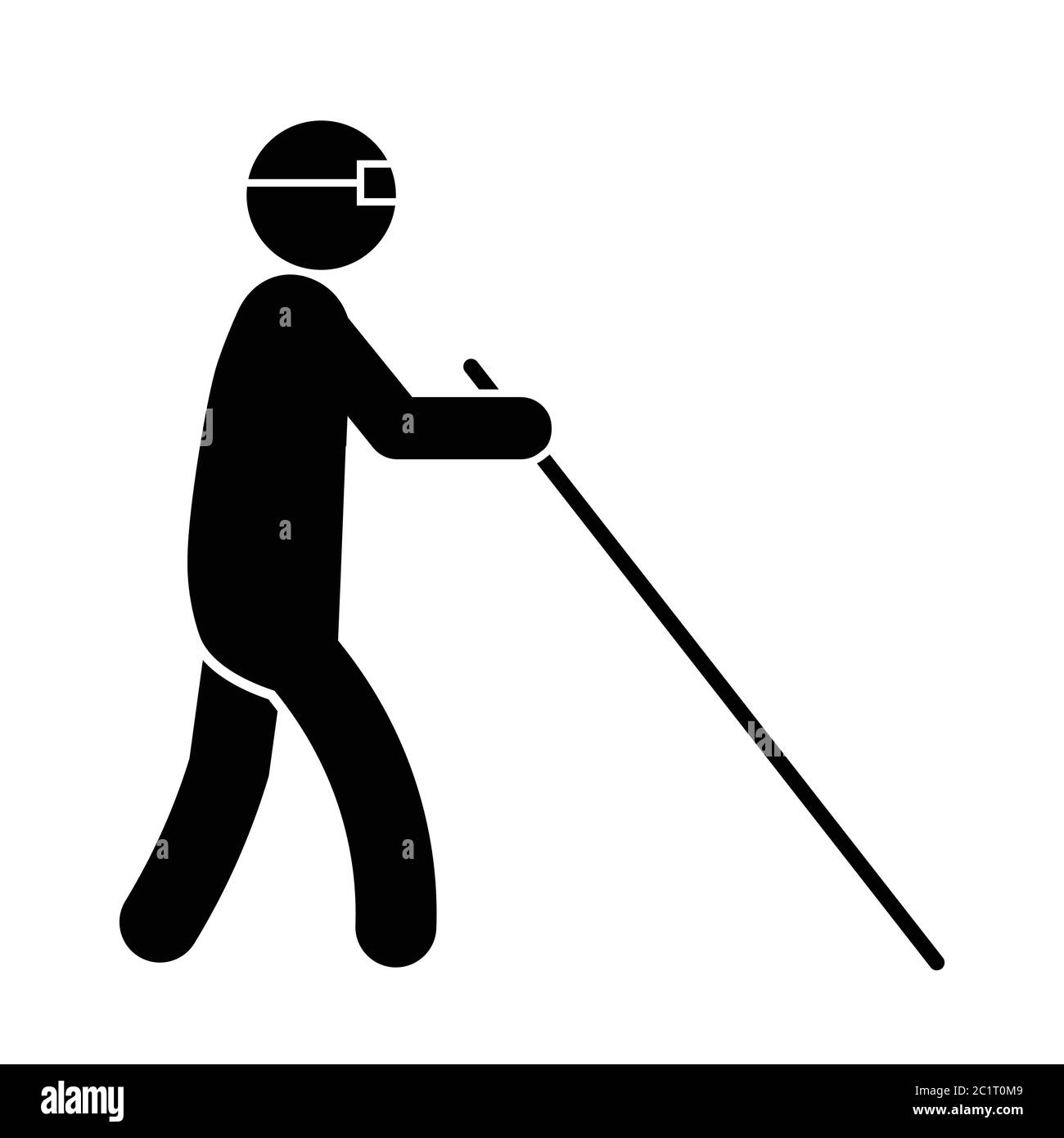 Personaggio Blind Man Stick Walking con una canna bianca e bicchieri. Illustrazione nera isolata su sfondo bianco. Vettore EPS Illustrazione Vettoriale