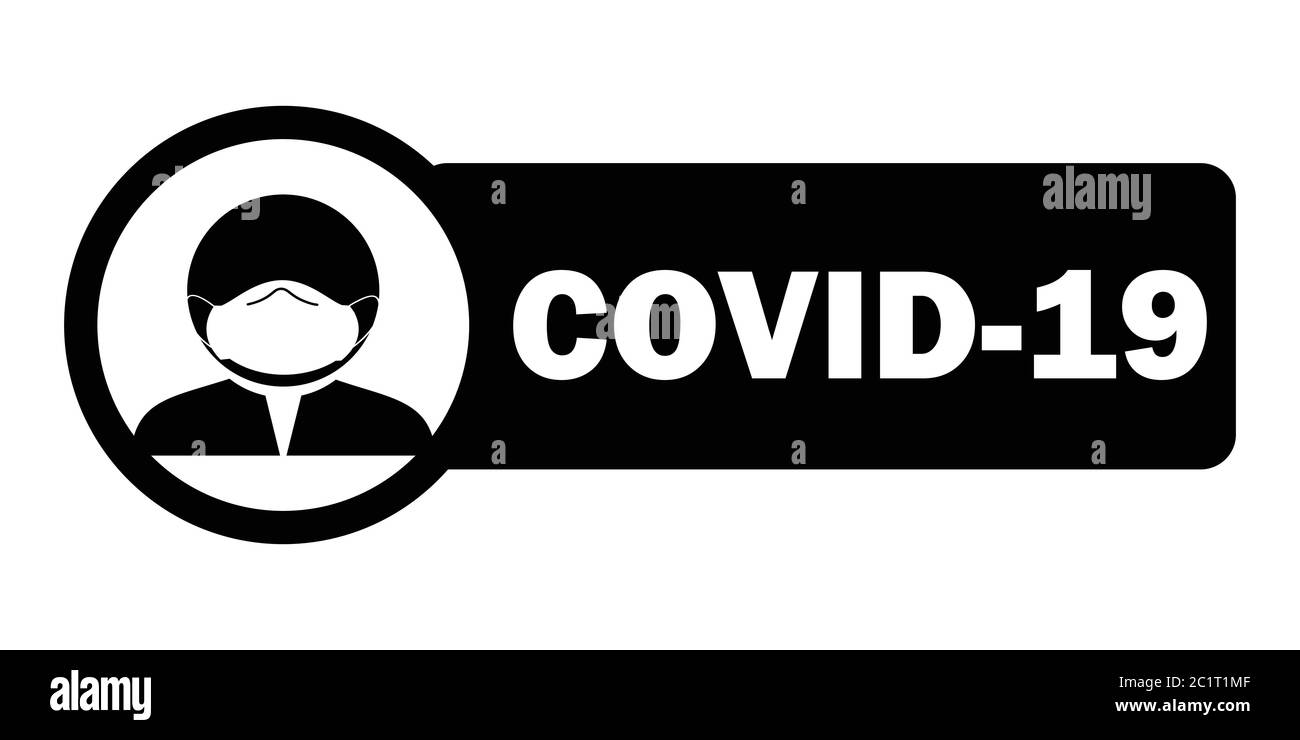 Covid-19 Stick maschera faccia figura con testo in tag. Uomo in copertura facciale durante il Pandemic di Coronavirus. Illustrazione nera isolata su un Backgrou bianco Illustrazione Vettoriale