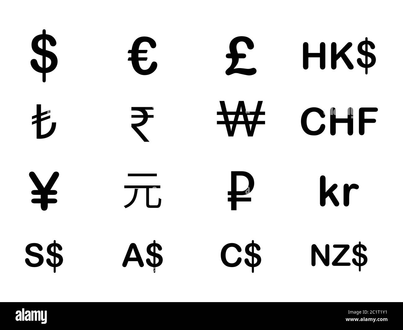 Simboli e simboli di valuta FX. EUR GBP HKD TRY INR KRW CHF JPY CNY RUB SEK NOK SGD AUD CAD NZD. Illustrazione nera isolata su un Whi Illustrazione Vettoriale