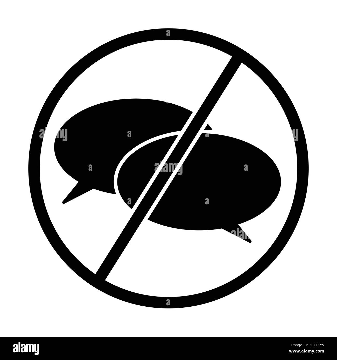 Icona di segnale di conversazione assente. Due bolle di voce in un proibito o non segno. Illustrazione nera isolata su sfondo bianco. Vettore EPS Illustrazione Vettoriale