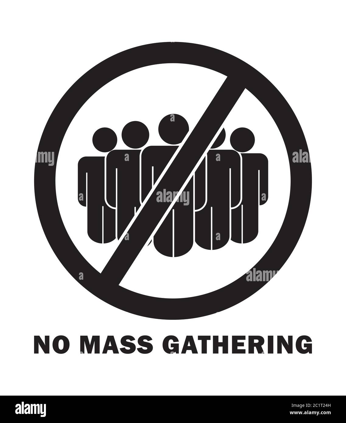 Nessuna riunione di massa con parole e segni di testo. La distanza sociale dalla gente folla regola durante il COVID-19 Pandemic. Illustrazione nera isolata su un bianco Illustrazione Vettoriale