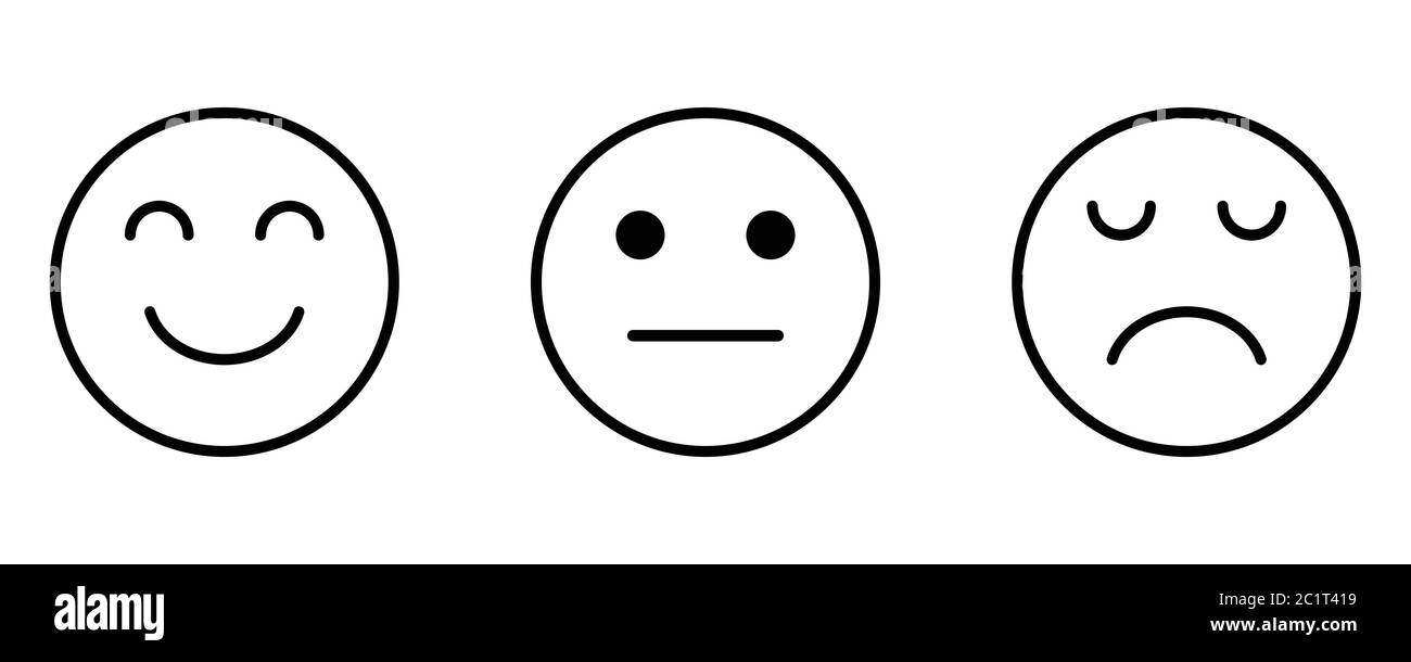 Smiley triste Feedback viso neutro soddisfazione Emoji. Contorno nero Illustrazione isolata su sfondo bianco. Vettore EPS Illustrazione Vettoriale
