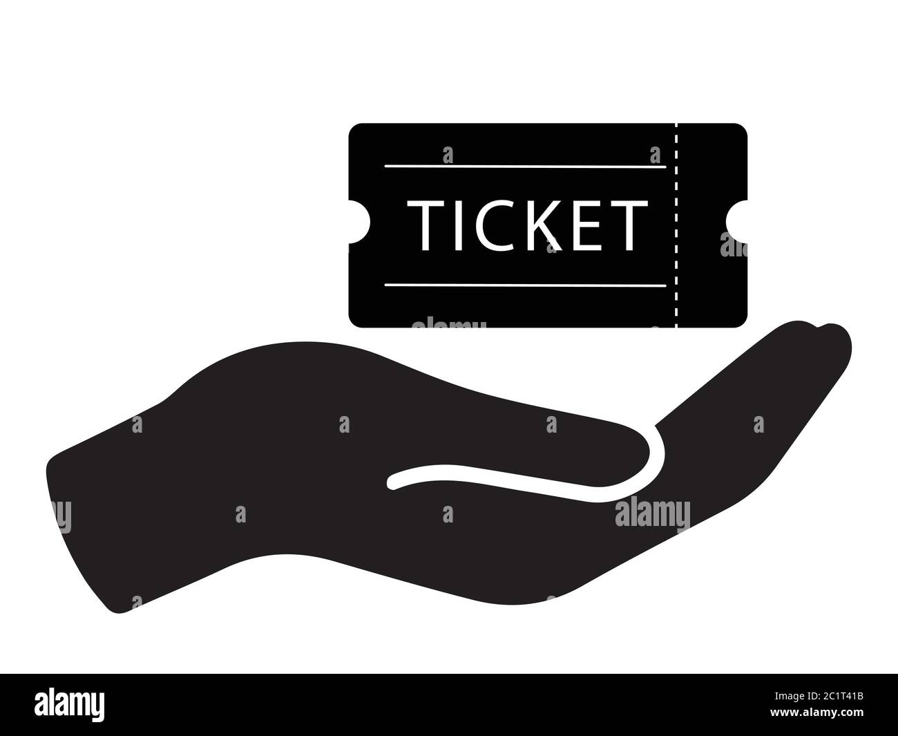 Apri Palm che consegna il biglietto d'ingresso per il ritiro. Illustrazione nera isolata su sfondo bianco. Vettore EPS Illustrazione Vettoriale