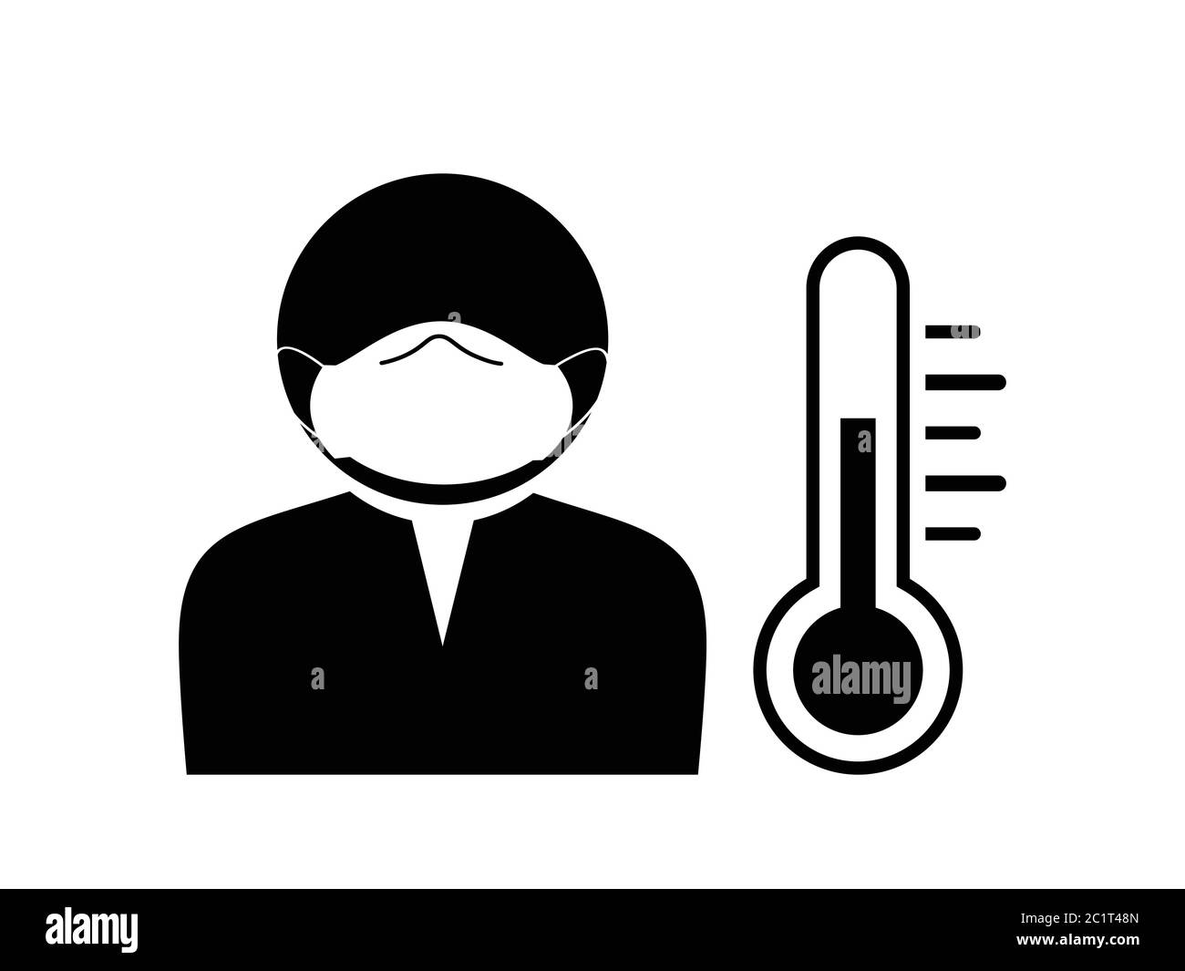 Figura del paziente con maschera e termometro temperatura della febbre. Illustrazione nera isolata su sfondo bianco. Vettore EPS Illustrazione Vettoriale