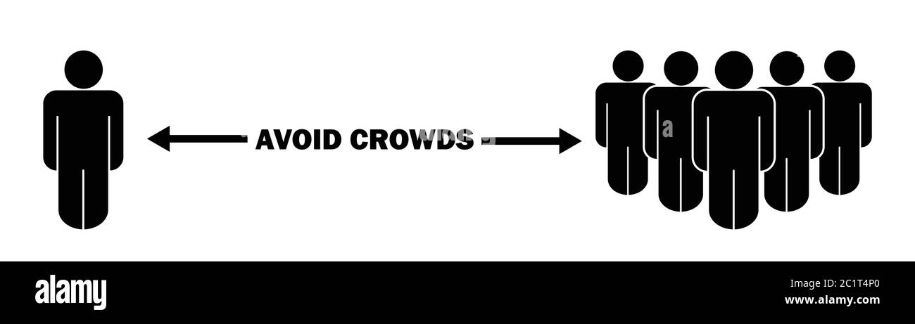 Stick Figure evitare il crowd Social Distancing durante COVID-19. Illustrazione nera isolata su sfondo bianco. Vettore EPS Illustrazione Vettoriale