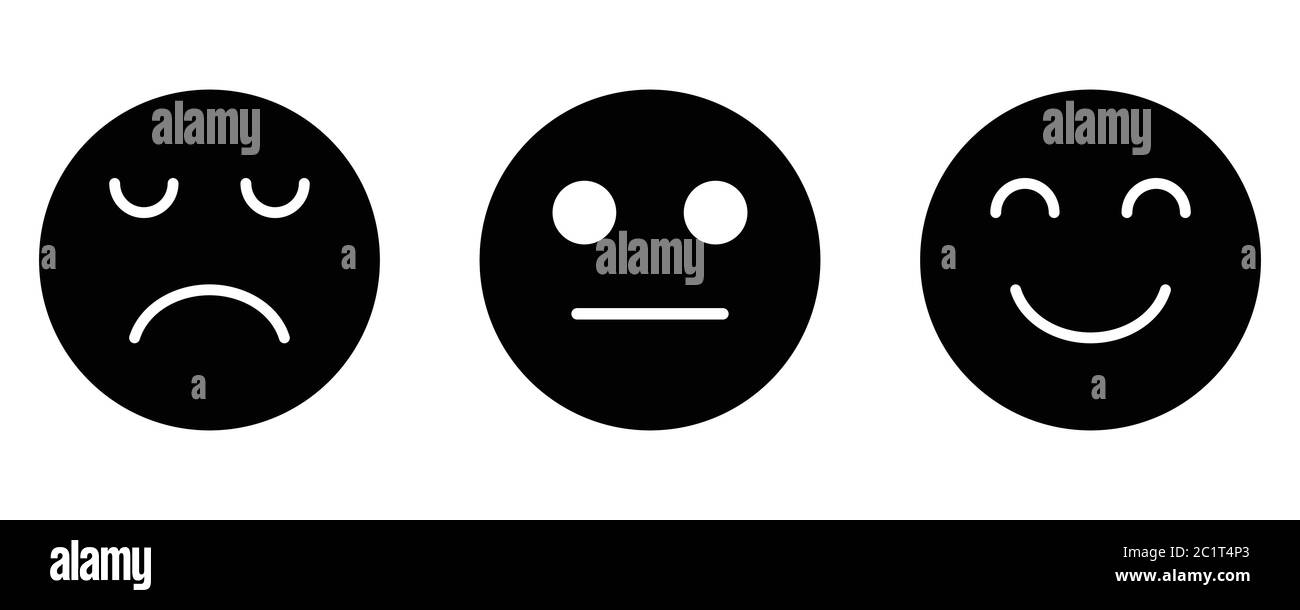 Smiley triste Feedback viso neutro soddisfazione Emoji. Illustrazione nera isolata su sfondo bianco. Vettore EPS Illustrazione Vettoriale