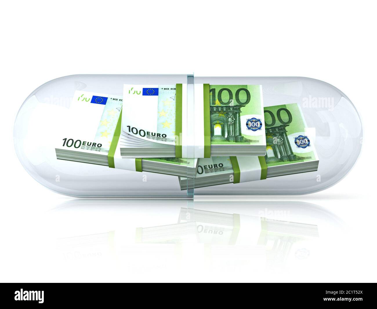 Pillola trasparente capsula, con euro pila all'interno. Isolato su sfondo bianco. 3D Foto Stock